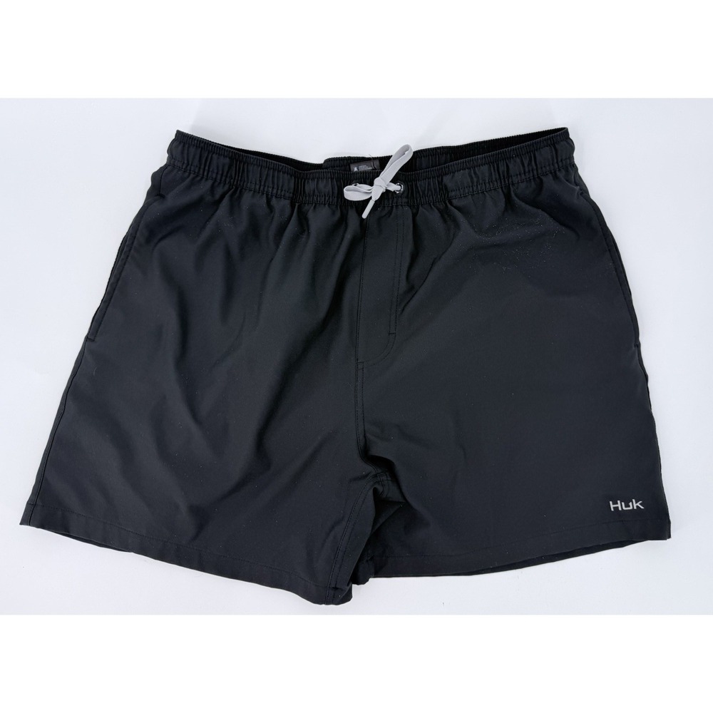 HUK "Pursuit Volley" Mesh Lined Swim Shorts Trunks Elastic Waist Black Men's XL